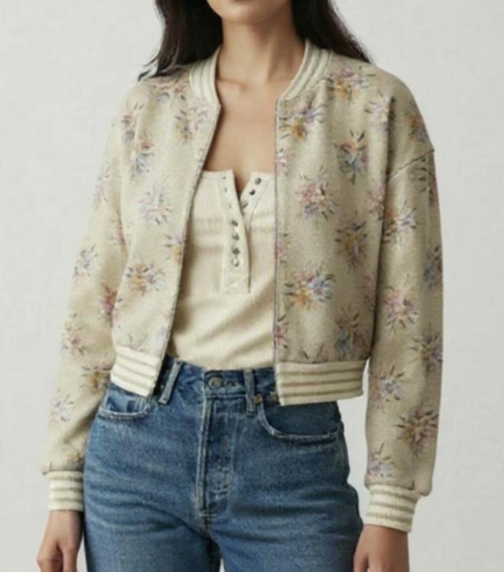 Anthropologie Maeve Lurex Floral Print Metallic Knit Bomber Jacket Size Small